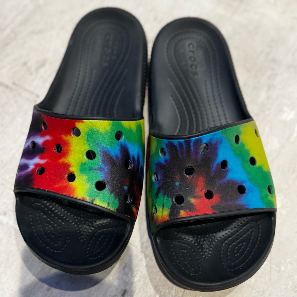 CROCS' Tie-Dye Slide Sandals in Black and Rainbow